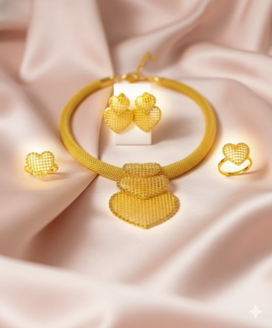 Golden Heart Mesh Jewelry Set - Necklace, Earrings & Ring