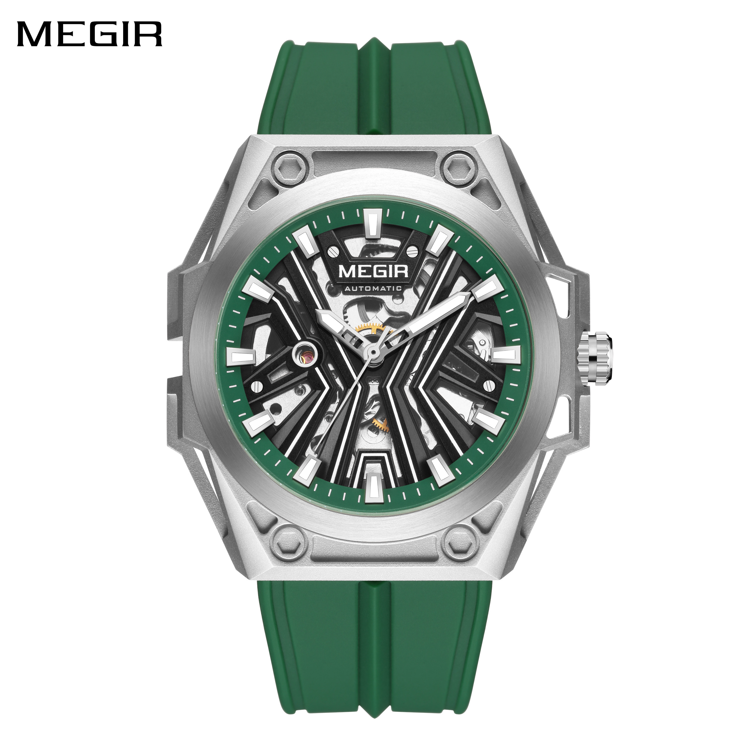 MEGIR New Stainless Steel Case Skeleton Mechanical Watch Waterproof Luminous Men Fully Automatic Wristwatch Silicone Strap Watch