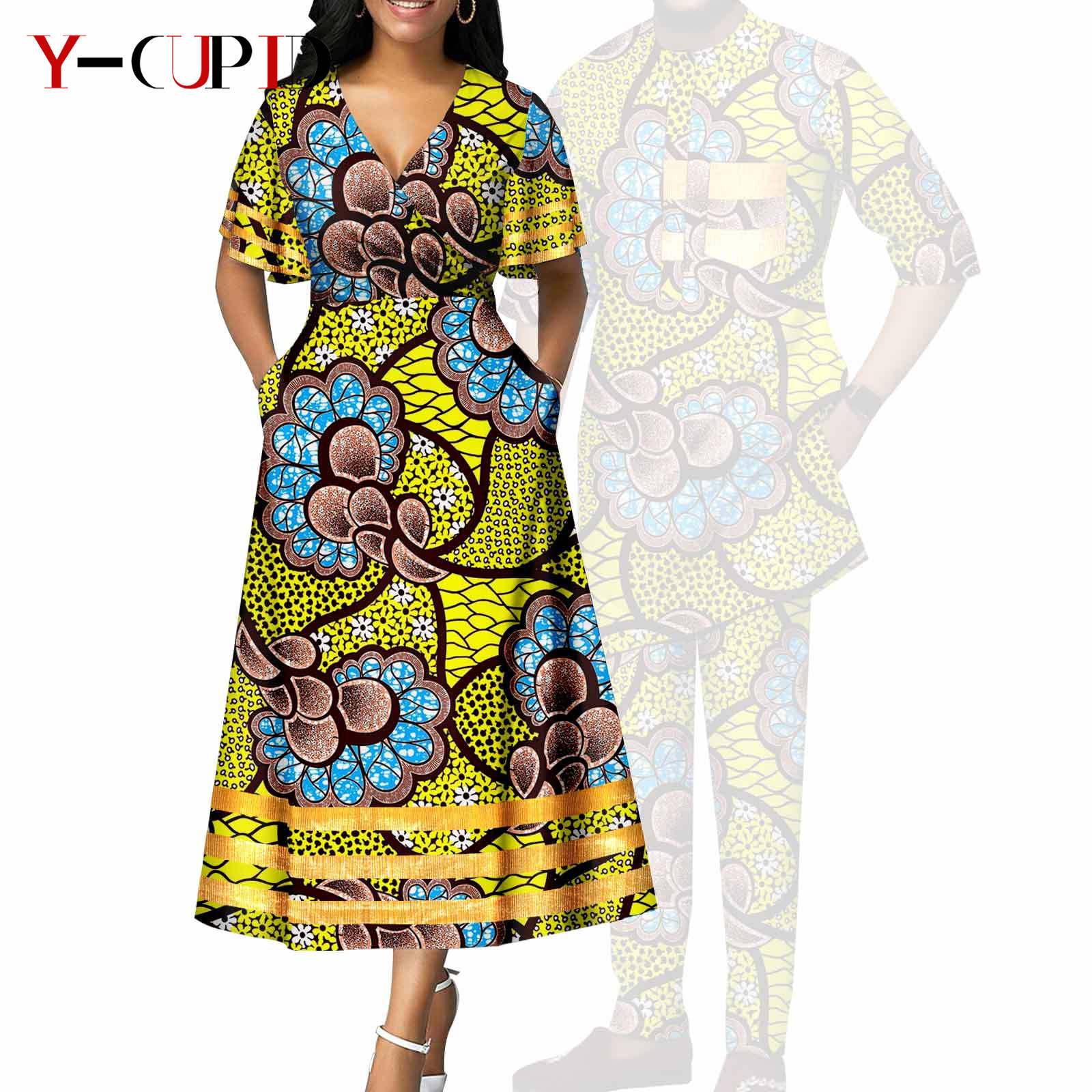 African Print V-neck Dresses for Women Couple Matching Men Outfits Top and Pant Sets Dashiki Bazin Riche Lover Outwear Y23C086