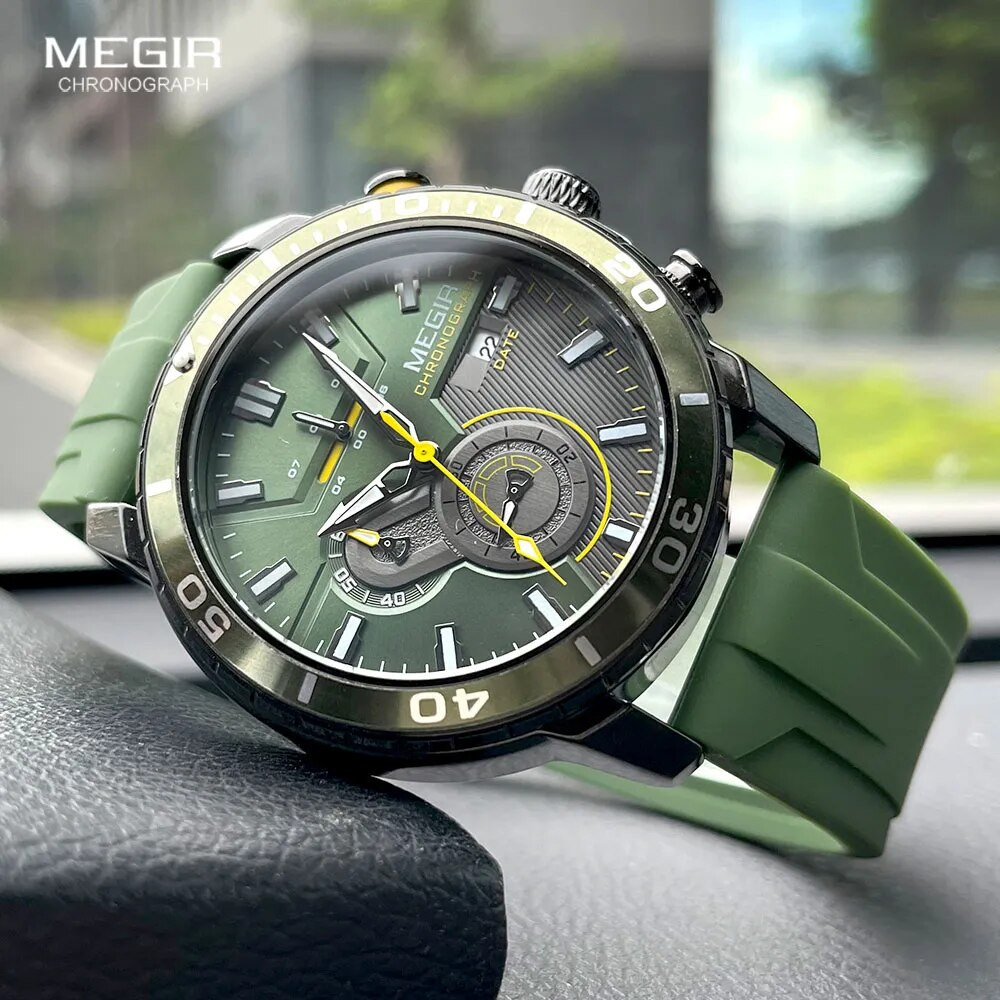 MEGIR Sport Quartz Watch Men Fashion Olive Green Silicone Strap Chronograph Waterproof Wristwatch with Auto Date Luminous Hands