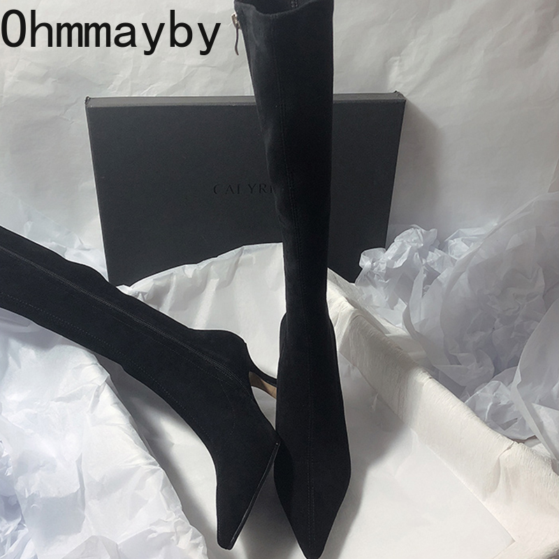 Women Stretch Modern Long Boots Fashion Pointed Toe Knee High Booties Designer High Heels Shoes