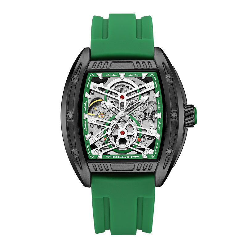 MEGIR Fashion Green Silicone Strap Mechanical Watch Men Military Sport Waterproof Analog Automatic Wristwatch with Tonneau Dial