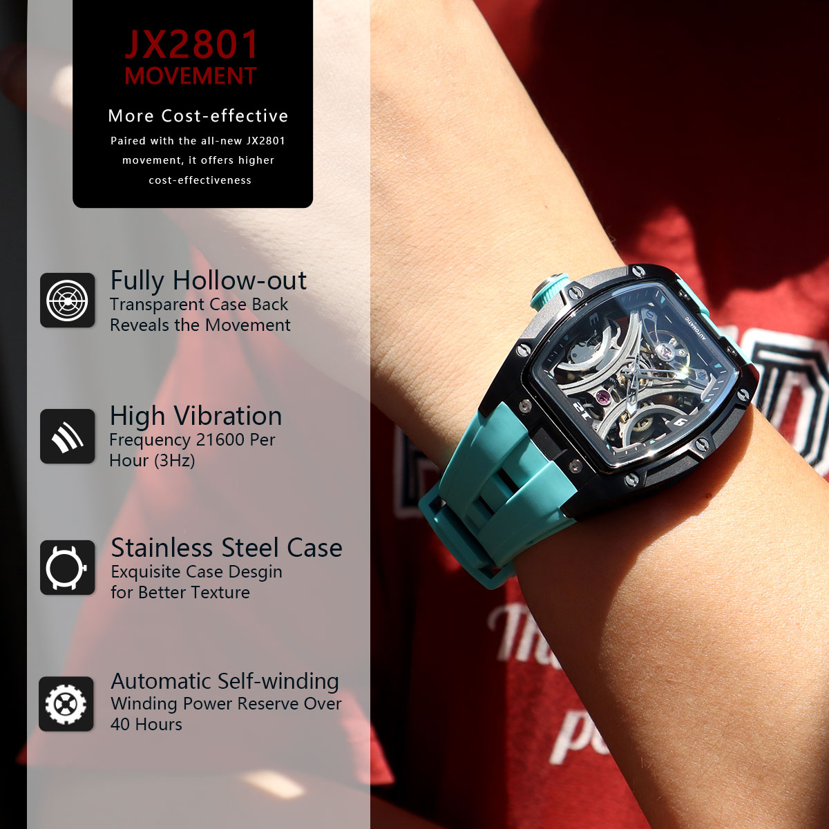 MEGIR Fashion Sports Mechanical Watch for Men Automatic Self-winding Wristwatch with Silicone Strap Transparent Tonneau Dial