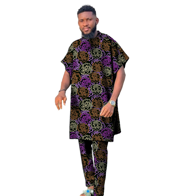 Short Sleeves Men Set Nigerian Style Colorful African Couture Dashiki Tops With Pant Groom Suit Male Traditional Garment