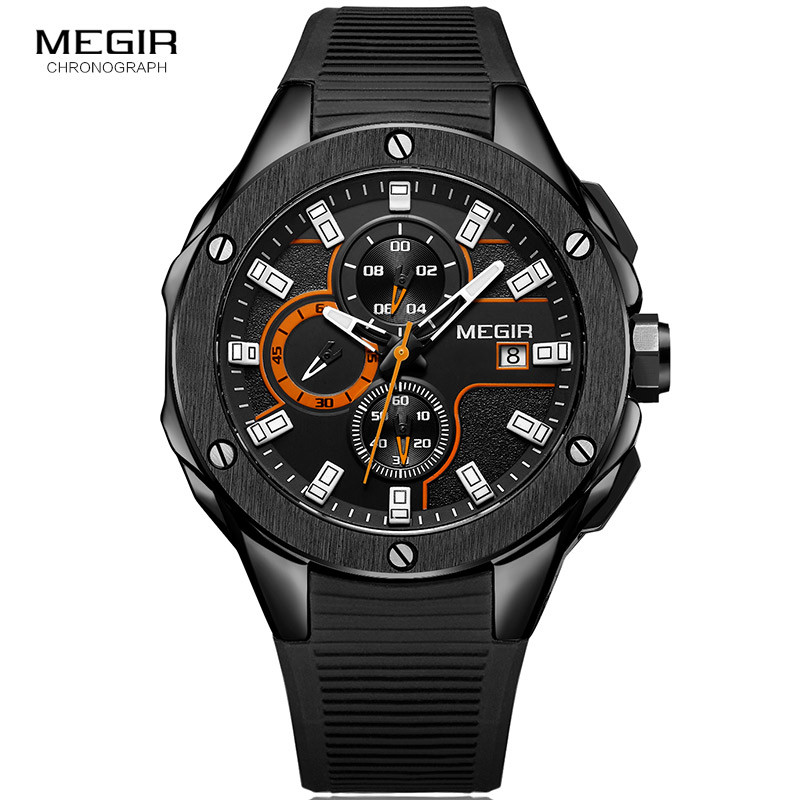 Megir Chronograph Luminous Hands Silicone Bracelet Mens Army Military Sport Quartz Wrist Watches with Date Indicator 2053G