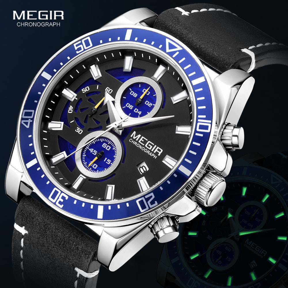 MEGIR Casual Sports Watches for Men Fashion Leather Strap Chronograph Quartz Watch Man Waterproof Luminous Wristwatch Clock 2132