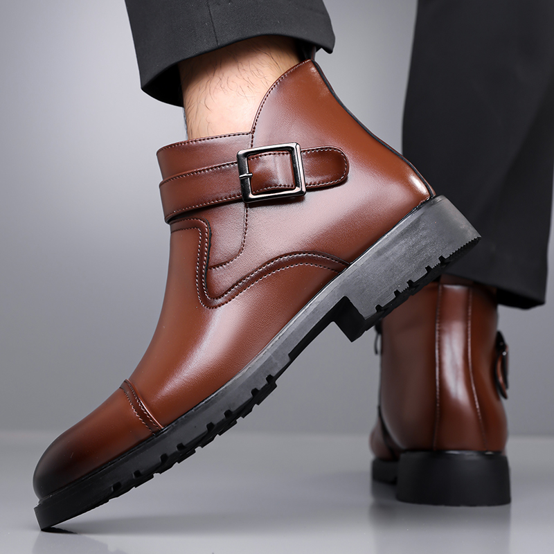 Winter New Mid Top Formal Business Shoes, Casual Leather Short Boots, Side Zipper Design, Waterproof and Windproof Riding Boots