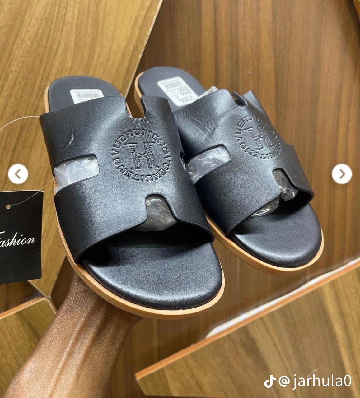 Chanel-Style Grey Leather Slide Sandals