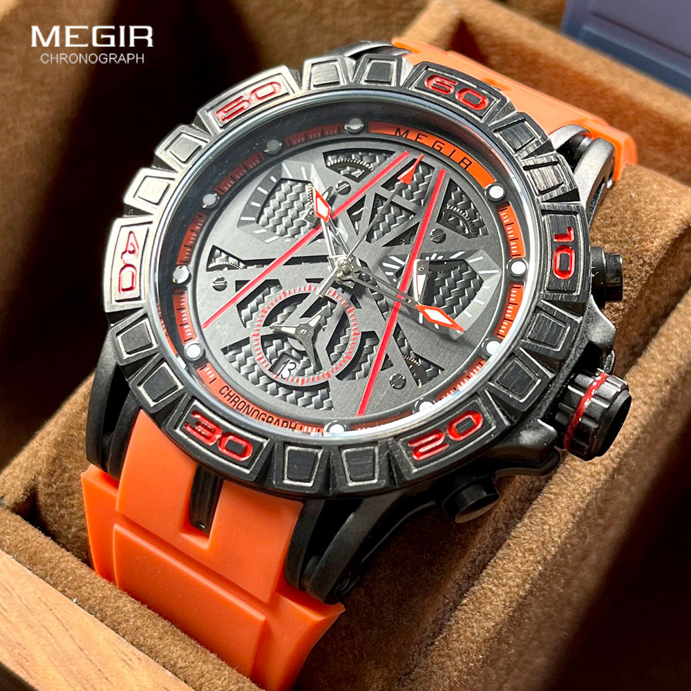 MEGIR Sport Watch for Men Quartz Luminous Hands Waterproof Chronograph Analog Wristwatch with Date Orange Silicone Strap 24-hour