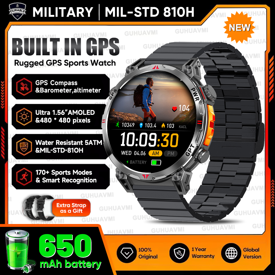 2025 New Military T-Rex3 GPS Smart Watch 5ATM Waterproof 650mAh Battery Heart Rate Compass AI GPT Sports tracker Smartwatch Men