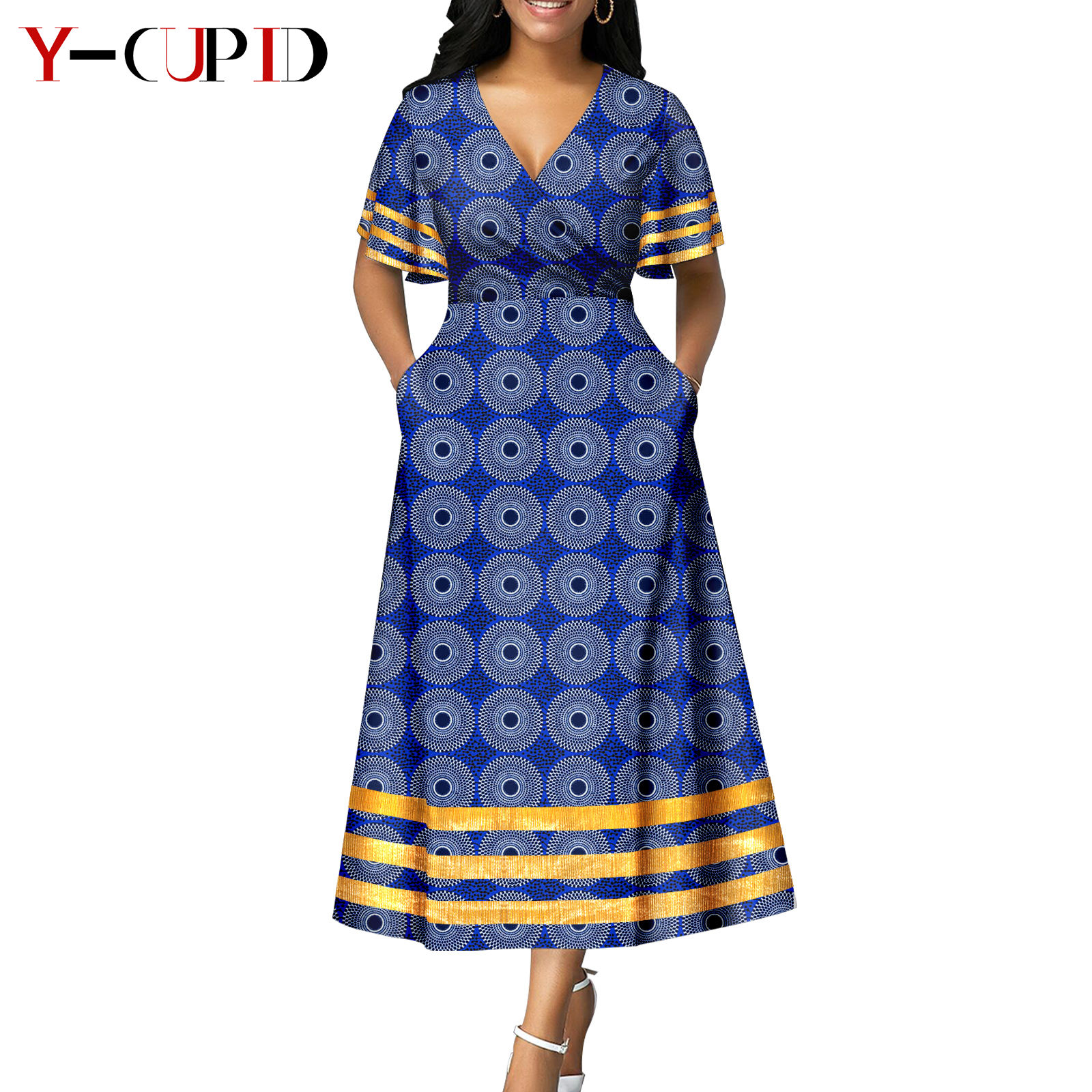 African Print V-neck Dresses for Women Couple Matching Men Outfits Top and Pant Sets Dashiki Bazin Riche Lover Outwear Y23C086