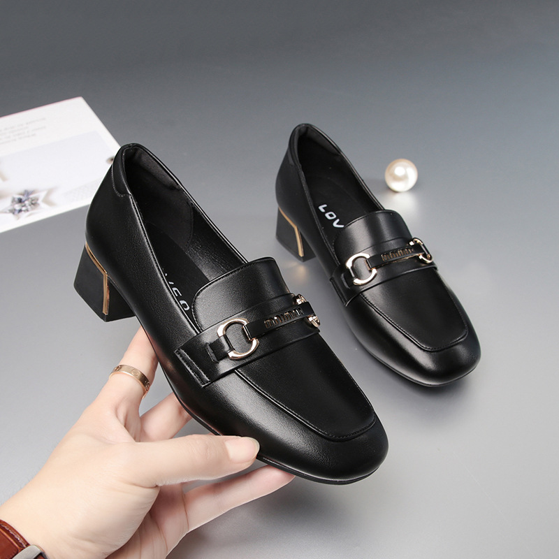 Women Pumps Fashion Classic Soft Leather Thick High Heels Shoes Square Toe White Black Wedding Dress Shoes Elegant Comfortable