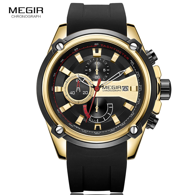 MEGIR Men's Quartz Watches Silicone Strap Leisure Sports Chronograph Wristwatch for Man Clock Relogios Masculino 2086 Gold Black