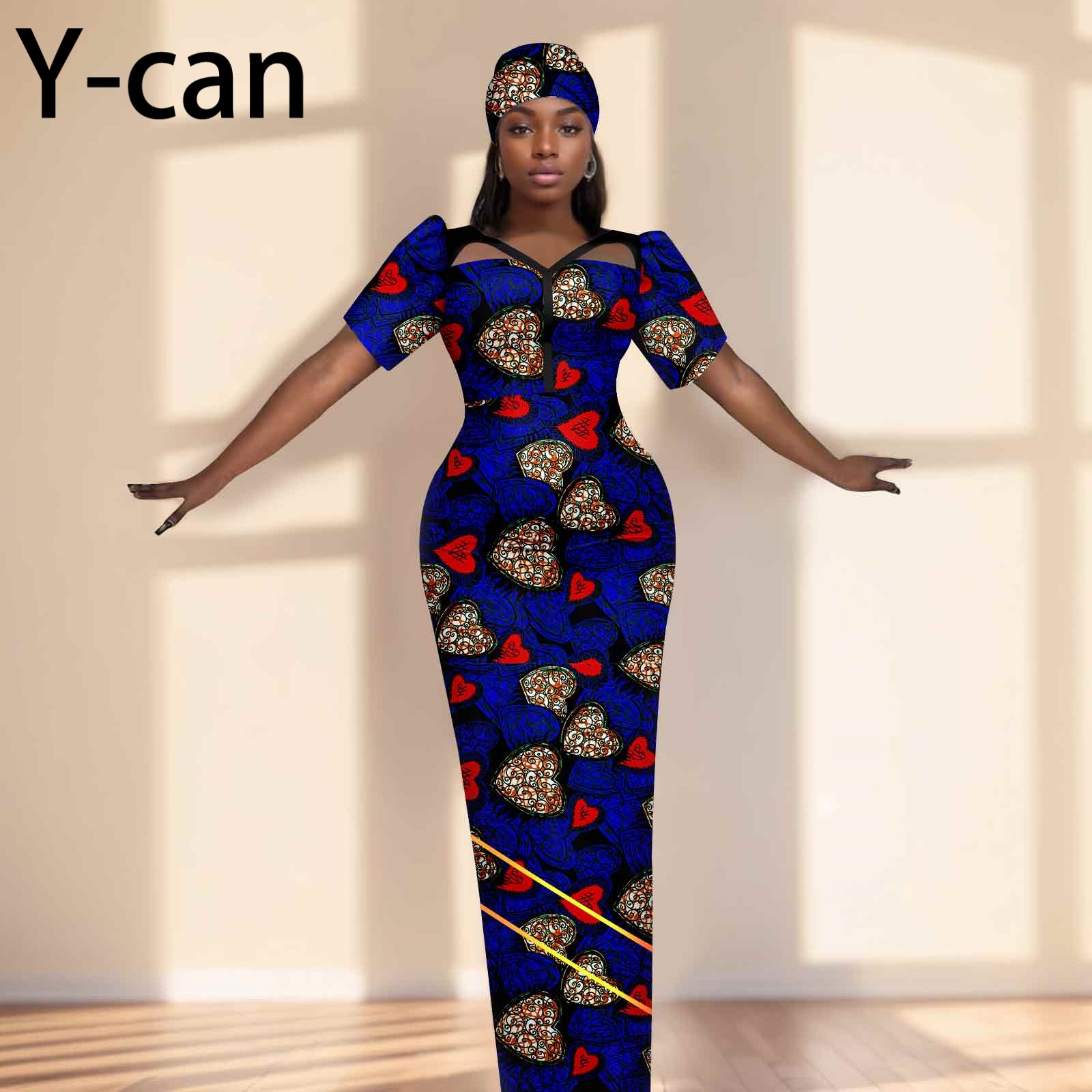 Party Gown African Dresses for Women Slim Fit Short Sleeve Dress Evening Vestidos with Headwrap Dashiki Ankara Print 2525071