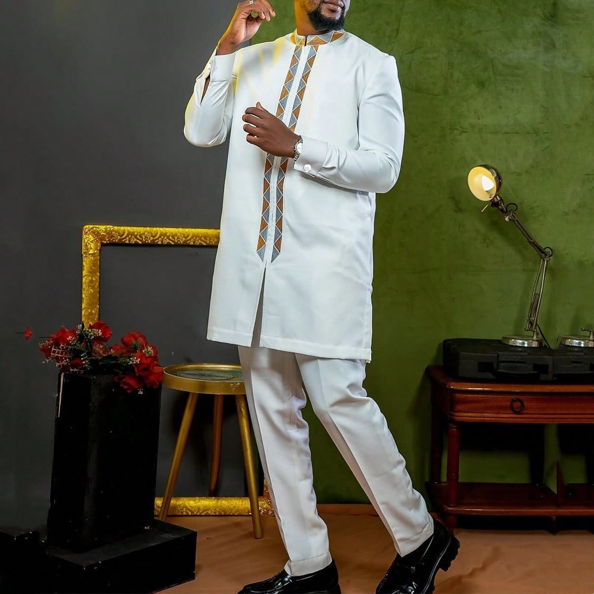 2 Piece Dashiki African Clothes Men Autumn Fashion African Men Long Sleeve Polyester Top Long Pant Matching Sets Africa Clothing