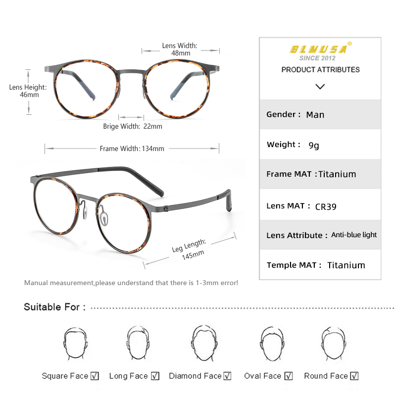 BLMUSA Vintage Round Optical Frame Anti Blue Light Reading Glasses for Men Ultralight Titanium Progressive Photochromic Glasses