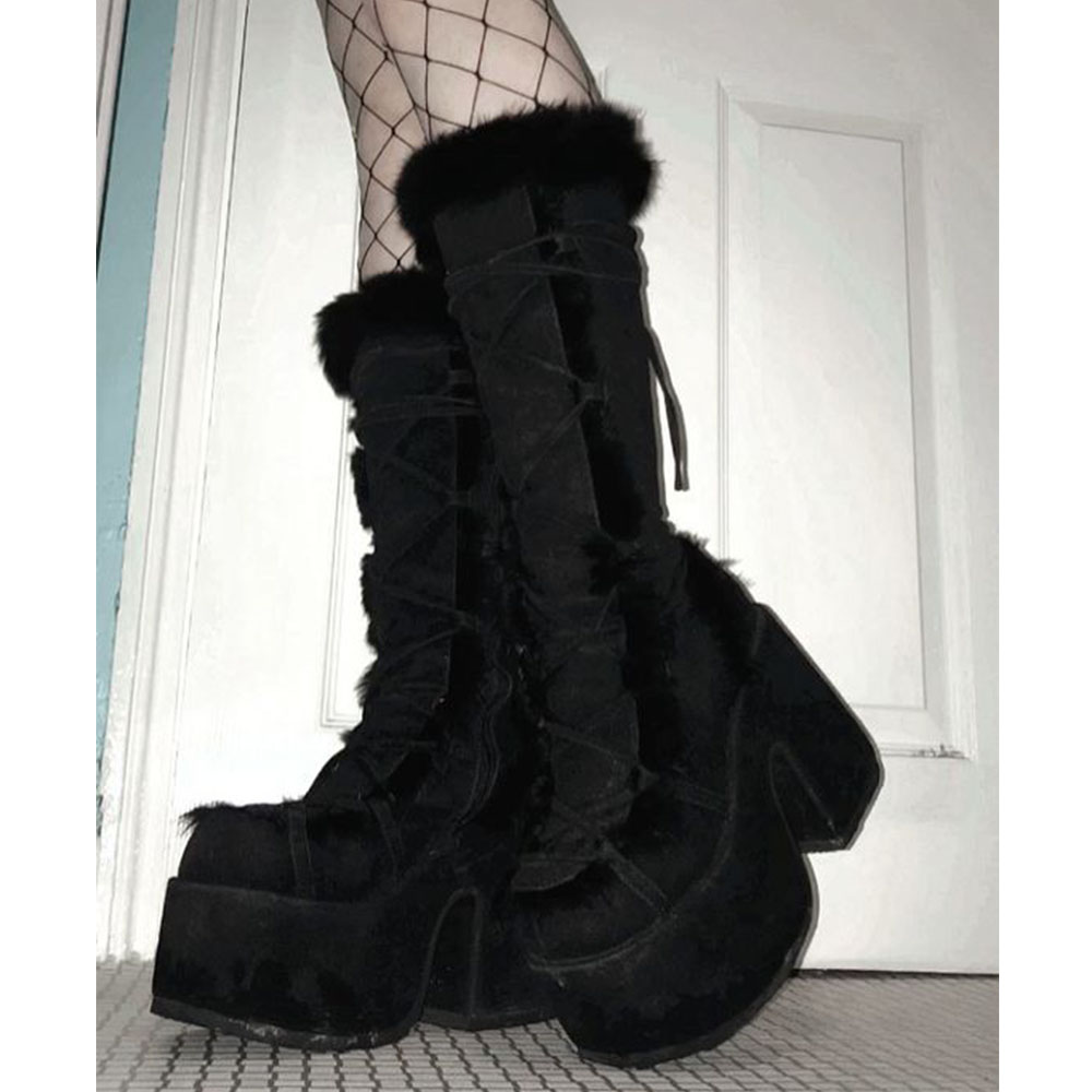 Big Size 46 Winter y2k Pink Knee High Boots Women White Chunky Platform Boots Gothic Black Faux Fur Block High Heels Boots Shoe