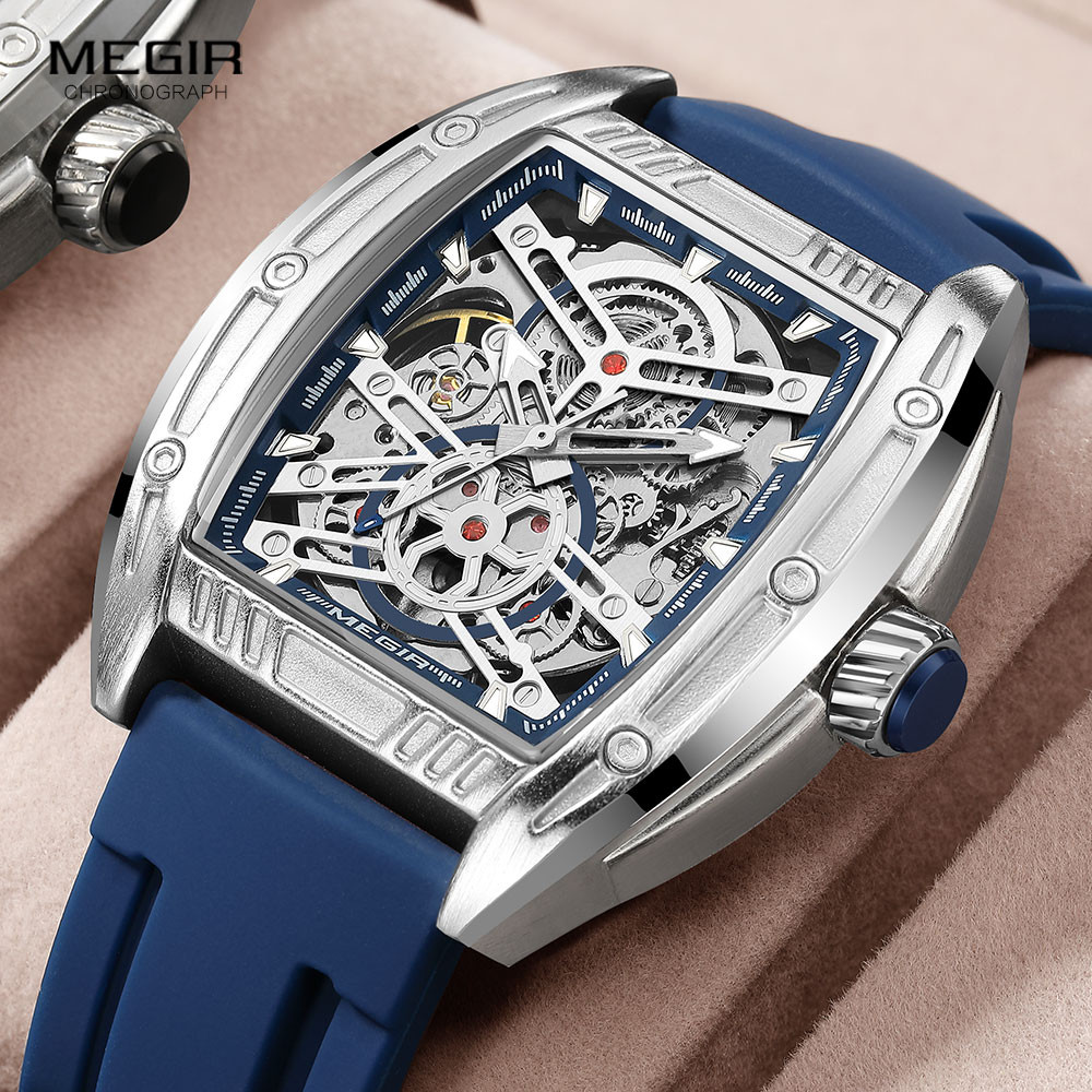 MEGIR Military Sport Mechanical Watch for Men Waterproof Analog Automatic Wristwatch with Navy Blue Silicone Strap Tonneau Dial