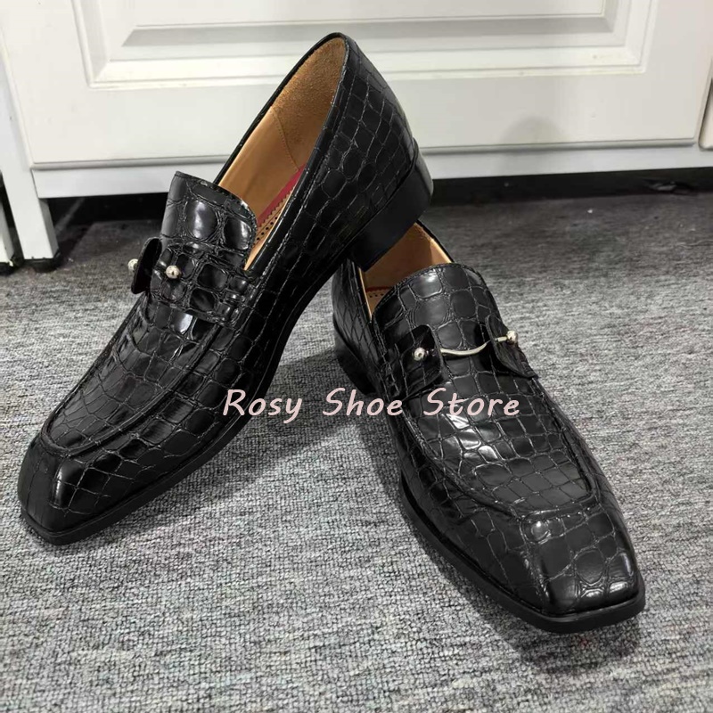 Men's Black Exquisite Crocodile Embossed Leather Shoes Fashion Silver Jewelry Embellishment Slip On Square Heel Business Shoes