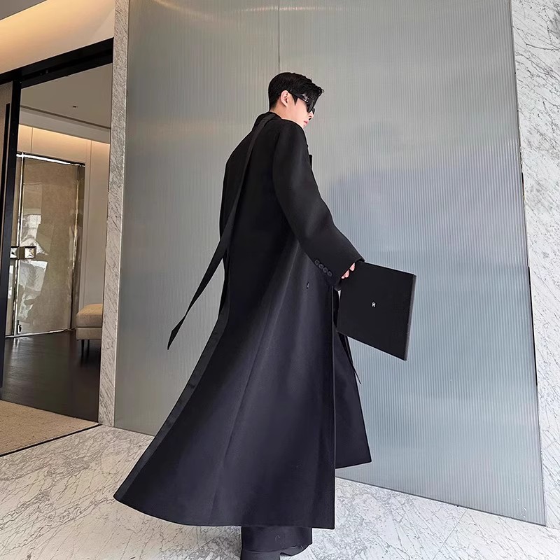 Mauroicardi Spring Autumn Extra Logn Black Oversized Flowy Soft Trench Coat for Men with Back High Slit Loose Casual Overcoat