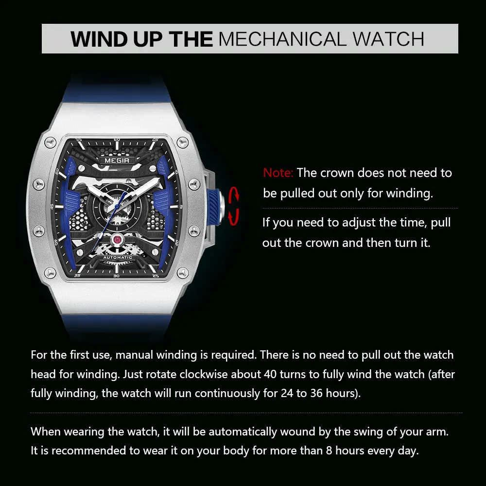 MEGIR 8604 Men's Wine Barrel Automatic Mechanical Watch Fashion and Leisure Silicone Strap Fashion Night Light Watches for Man