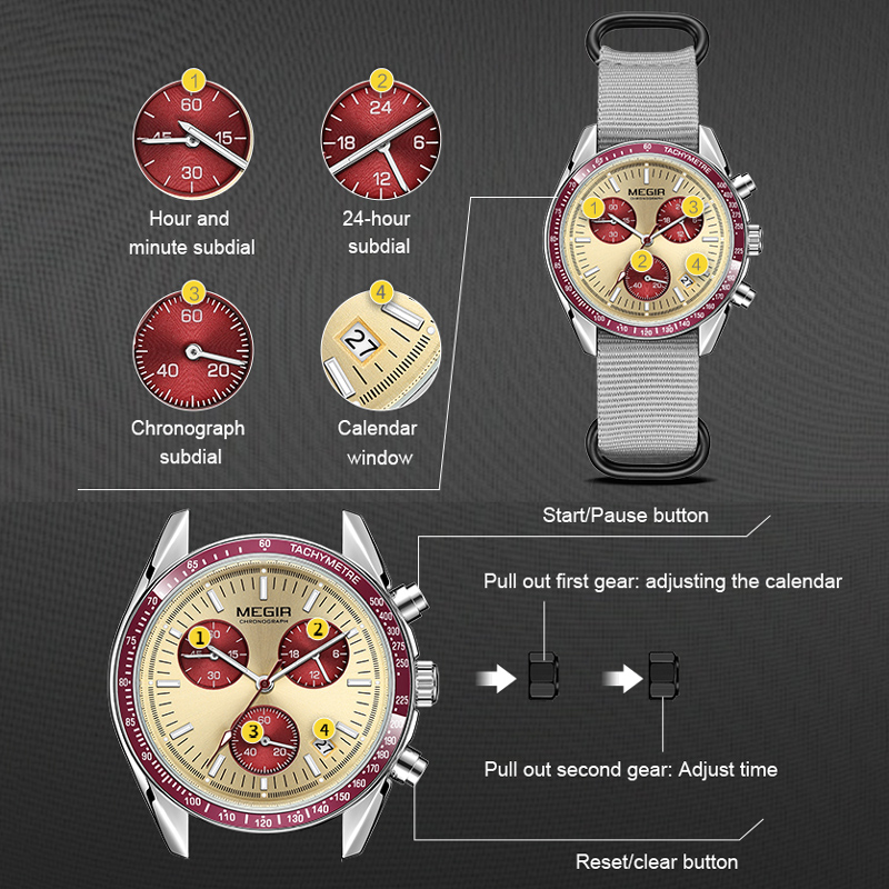 MEGIR New Luxury Men's Watches Canvas Weaving Strap Sport Automatic Chronograph Quartz Waterproof Wristwatch for Male 2247