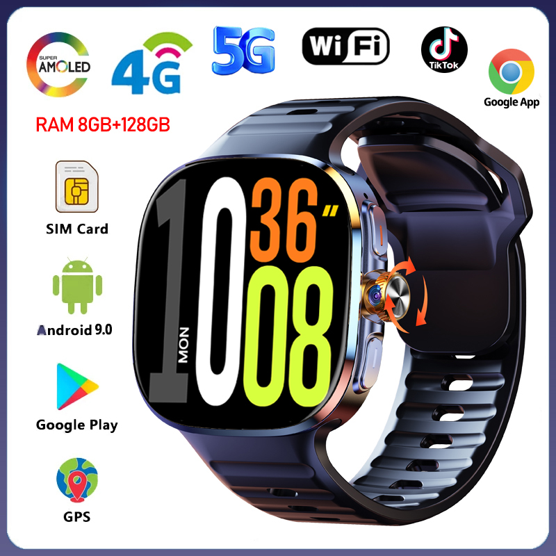 5G/4G Android 9.0 Smart Watch 2.40 inch 720*720 AMOLED HD 900W Camera Call 8GB+128GB RAM 2100mAh GPS WIFI Google APPS Smartwatch