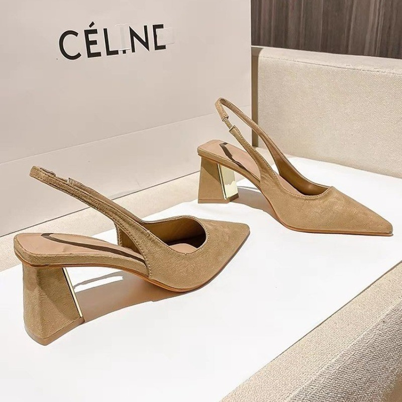 Pointed High-heeled Single Shoes Femininity 2025 New Spring and Summer Thick Heel Simple Back Empty Bag Head Sandals