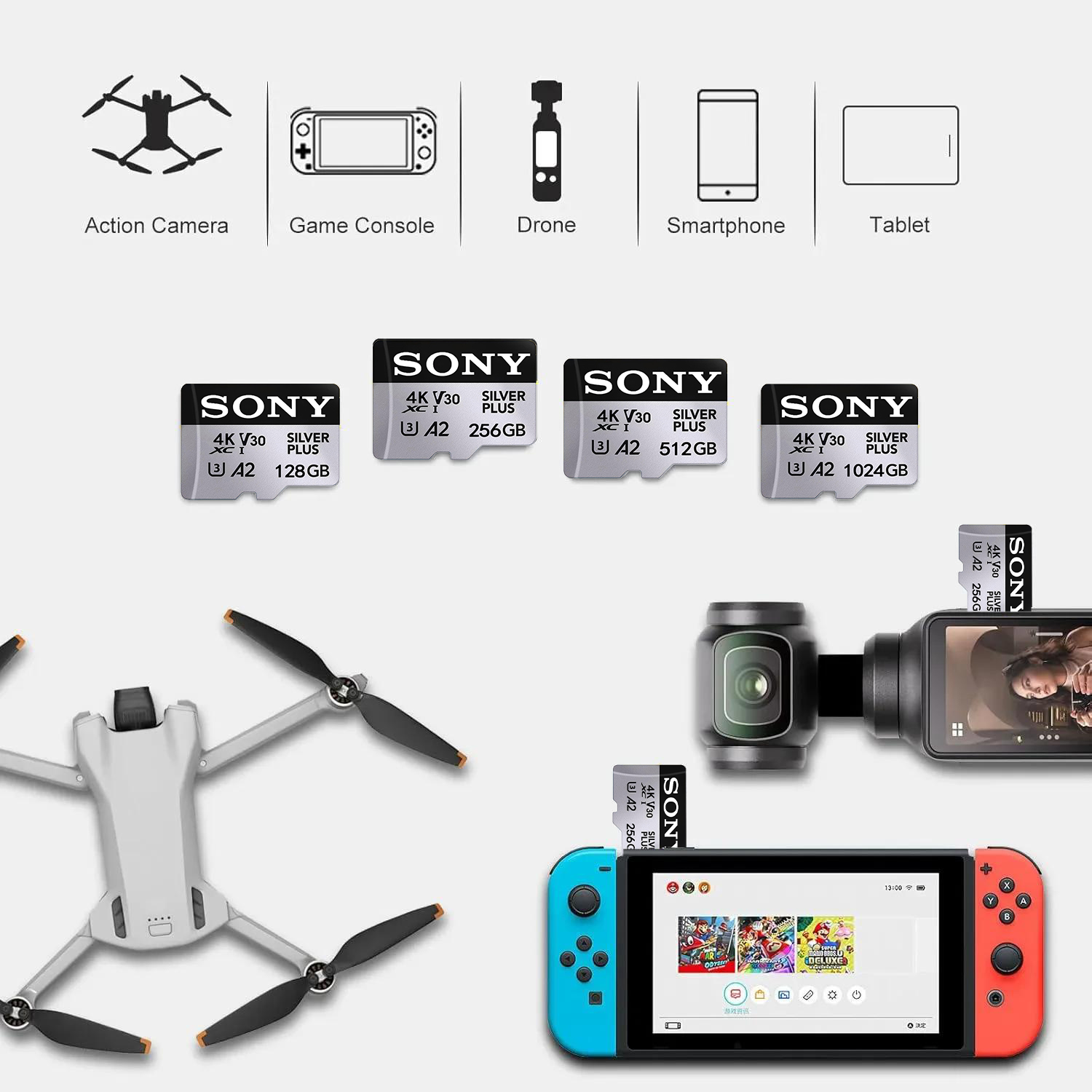 SONY 1TB Micro TF SD Card 128GB 256GB Class 10 High Speed Memory Card U3 4K 512GB TF Flash Card 512GB for Phone Camera Drone