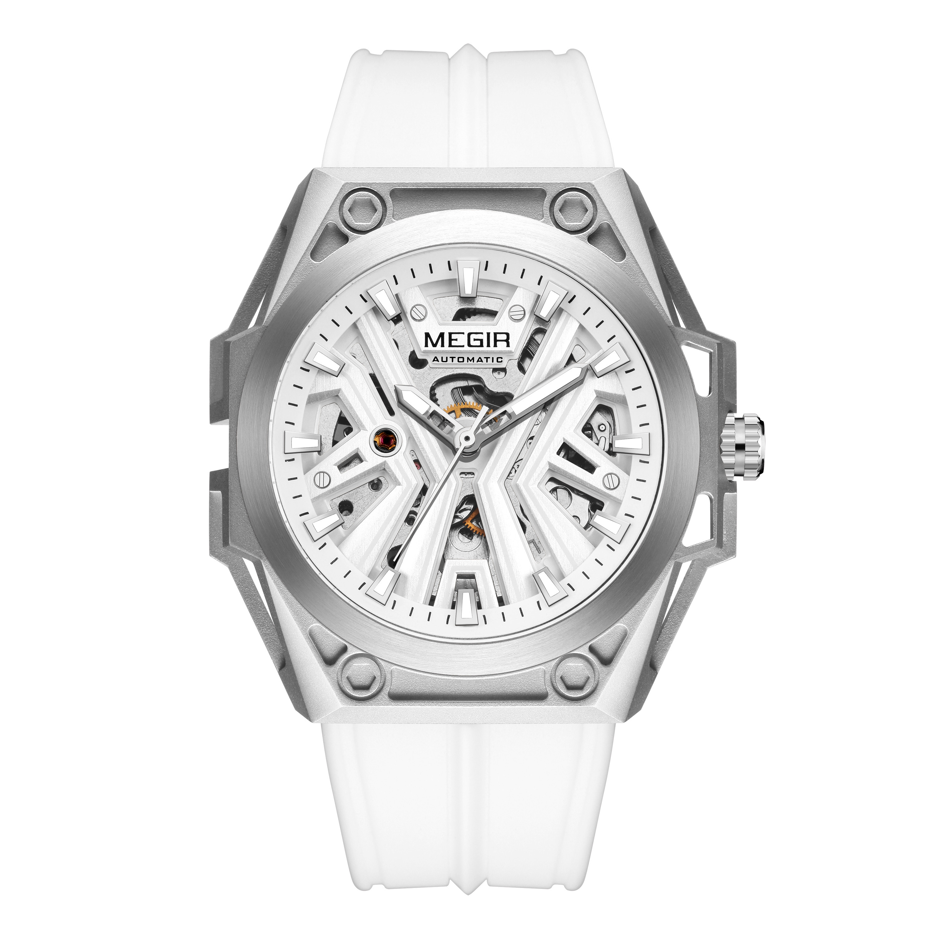 MEGIR New Stainless Steel Case Skeleton Mechanical Watch Waterproof Luminous Men Fully Automatic Wristwatch Silicone Strap Watch
