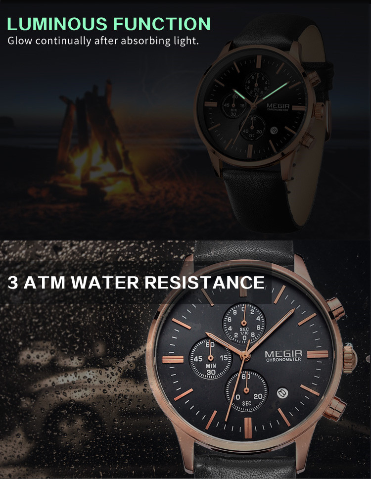 MEGIR 2011 Classic Men Quartz Watch Leather Strap Calendar Chronograph Luminous Waterproof Business Luxury Watches