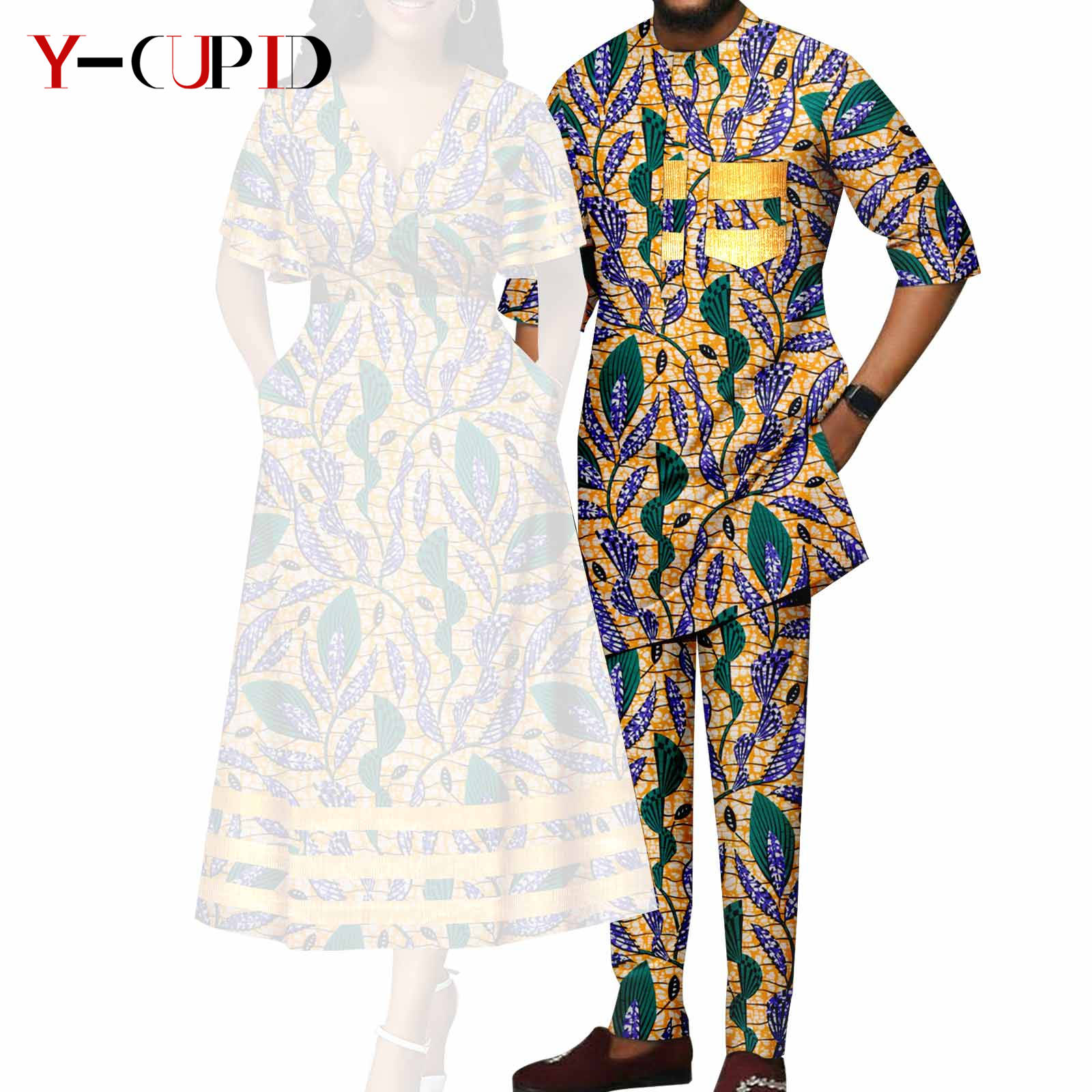 African Print V-neck Dresses for Women Couple Matching Men Outfits Top and Pant Sets Dashiki Bazin Riche Lover Outwear Y23C086