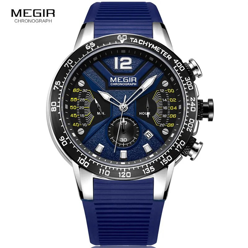 MEGIR Sports Chronograph Quartz Watches for Men Silicone Strap Wateproof Luminous Wristwatch Man Relogios Masculino 2106 Blue