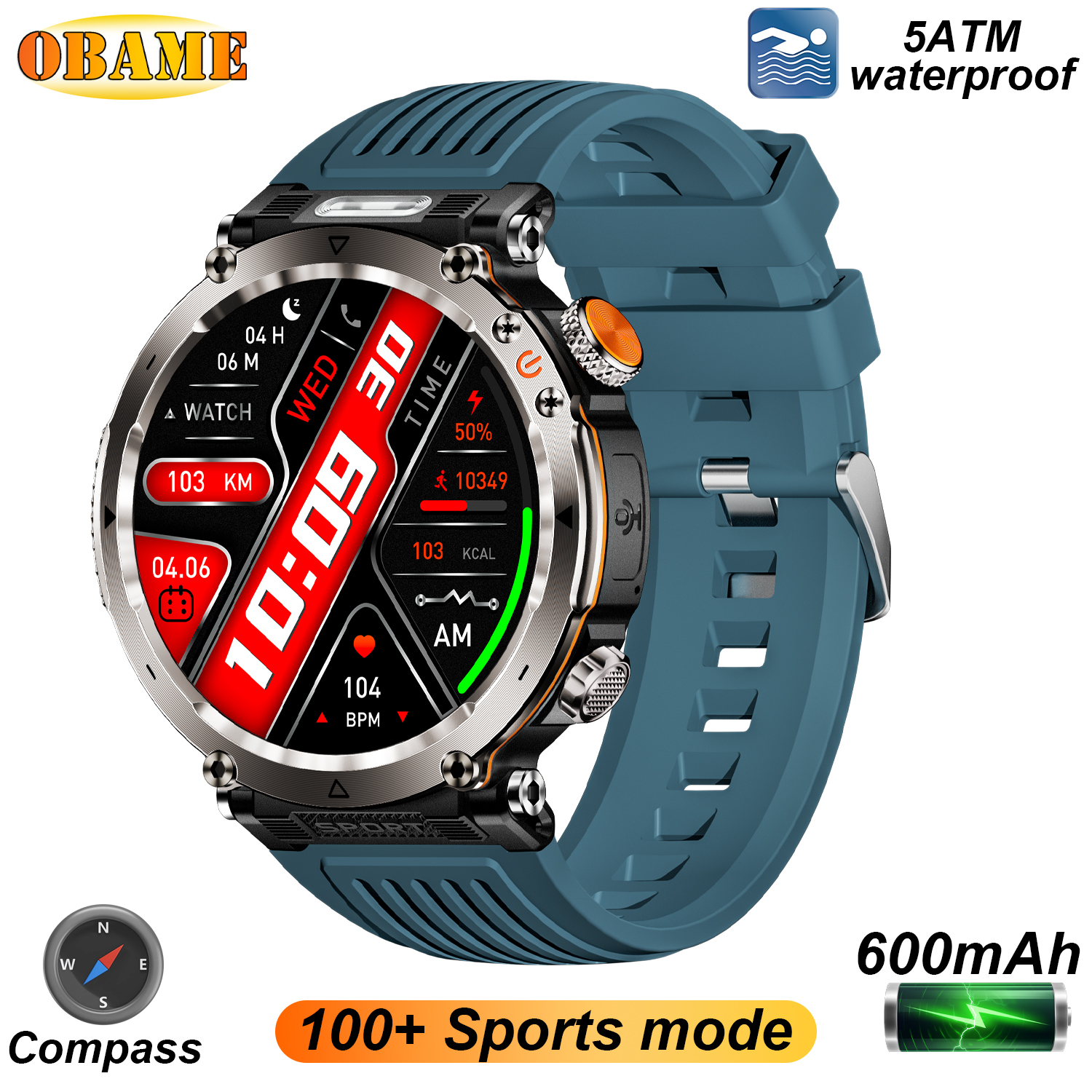 5ATM Outdoor Smart Watch Men 600mAh LED Flashlight SmartWatch Compass Bluetooth call Heart rate IP 68 Sports Smartwatch 2025 New