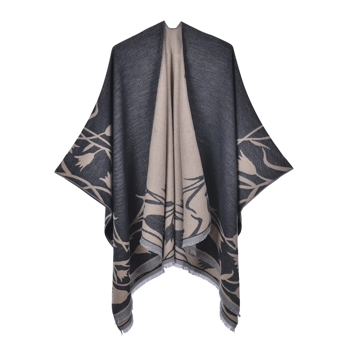 New In Women Capes Fashion Imitation Cashmere Tassels Double Split Tulip Pattern Matched Lady Shawl Scarf Women Luxury Cardigans