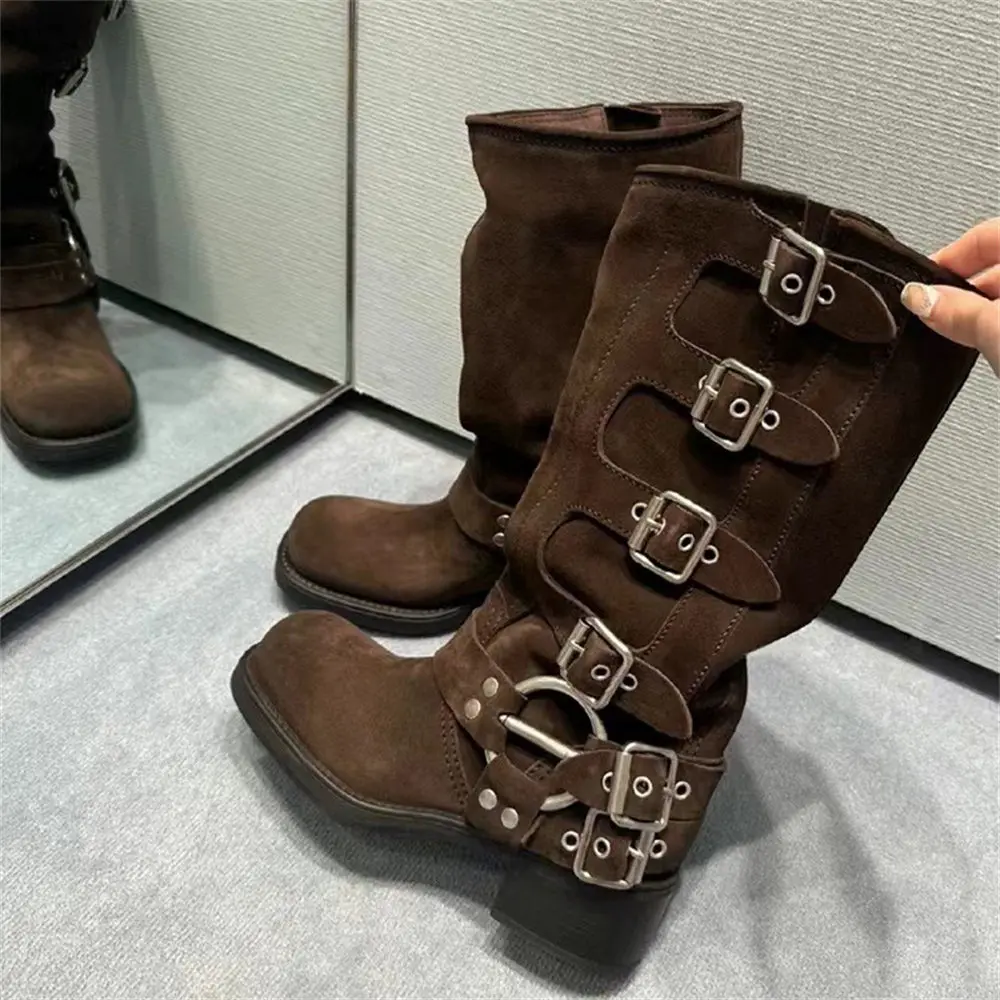 Brand New Wasteland Vintage y2k Motorcycle Boots Maillard style Brown Buckle Belt Straps Knee High Boots Women Cowboy Boot Shoes