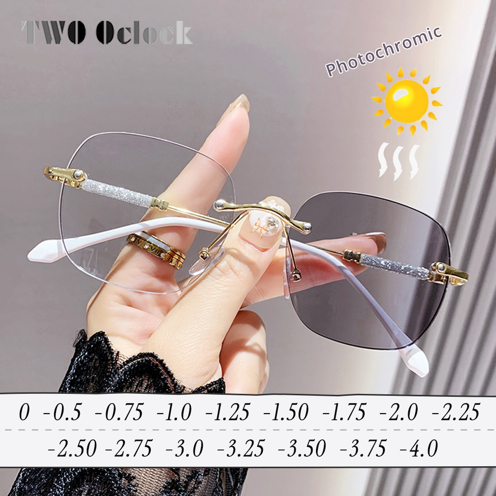 Women's Glasses Myopia Photochromic Sunglasses Rimless Prescription Glasses Graduated Optical Lenses Transparent Glasses Minus