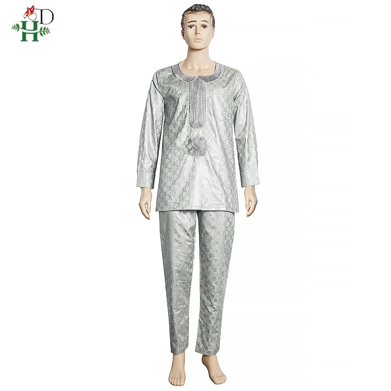 H&D African Clothes For Men Dashiki Top Pant 2 Pieces Outfit Set Riche Grey Embroidery Shirt Trouser Rich Bazin Original Muslim