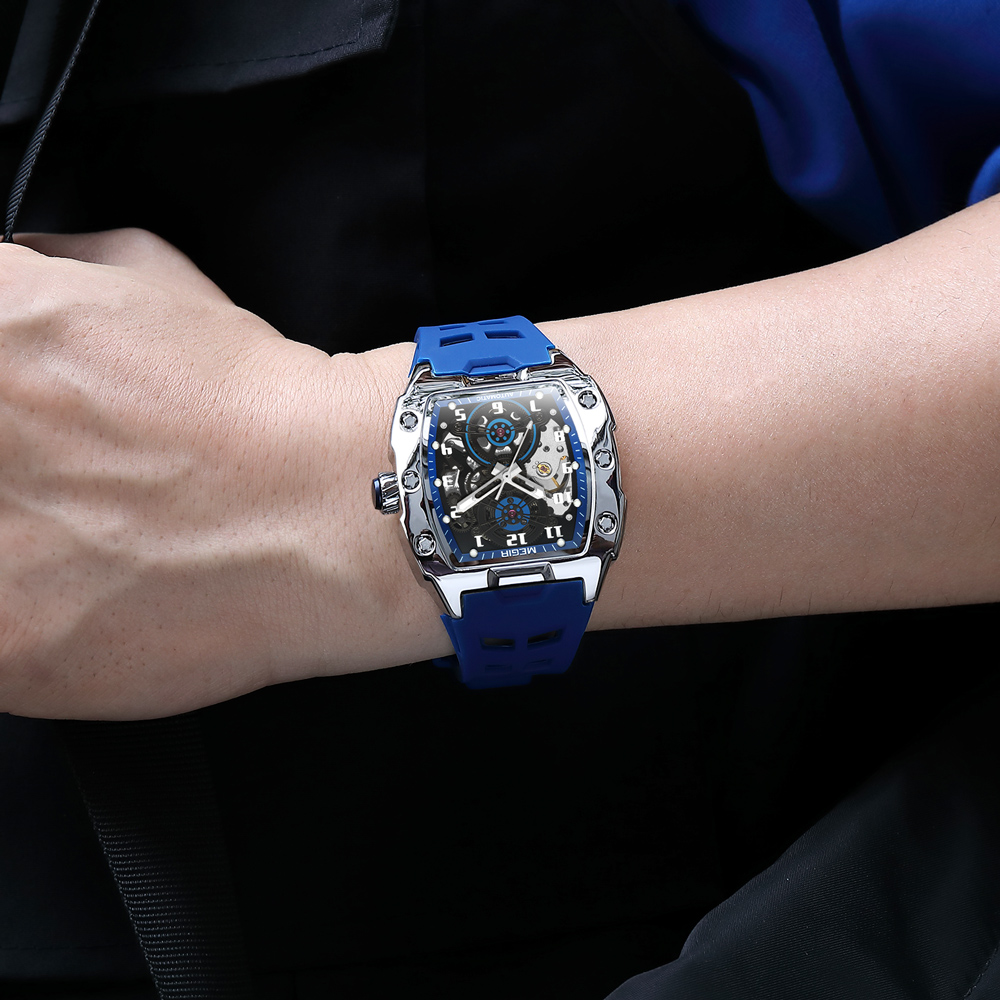 MEGIR Blue Automatic Mechanical Watch for Men Fashion Casual Sport Waterproof Wristwatch Male with Silicone Strap Tonneau Dial