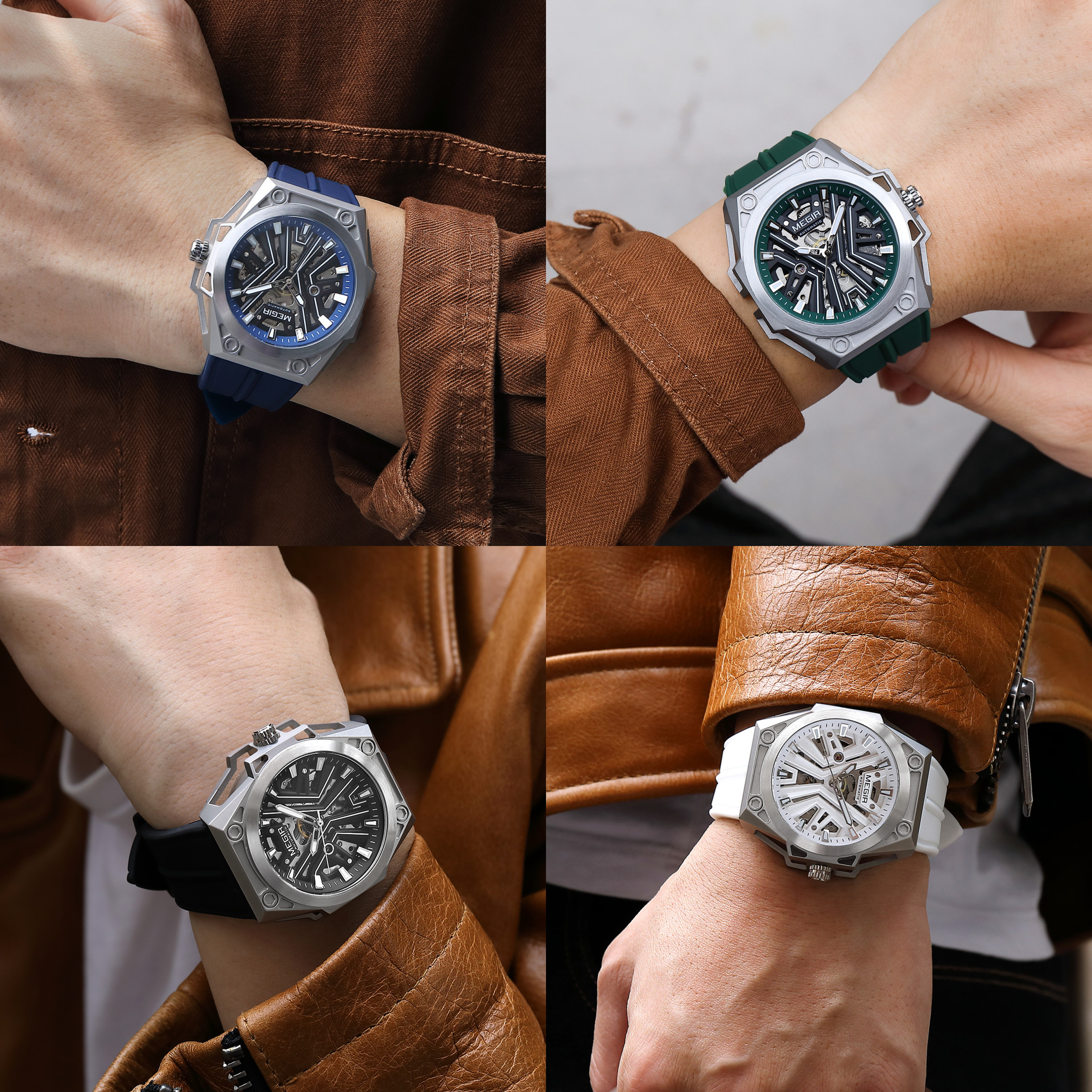 MEGIR New Stainless Steel Case Skeleton Mechanical Watch Waterproof Luminous Men Fully Automatic Wristwatch Silicone Strap Watch
