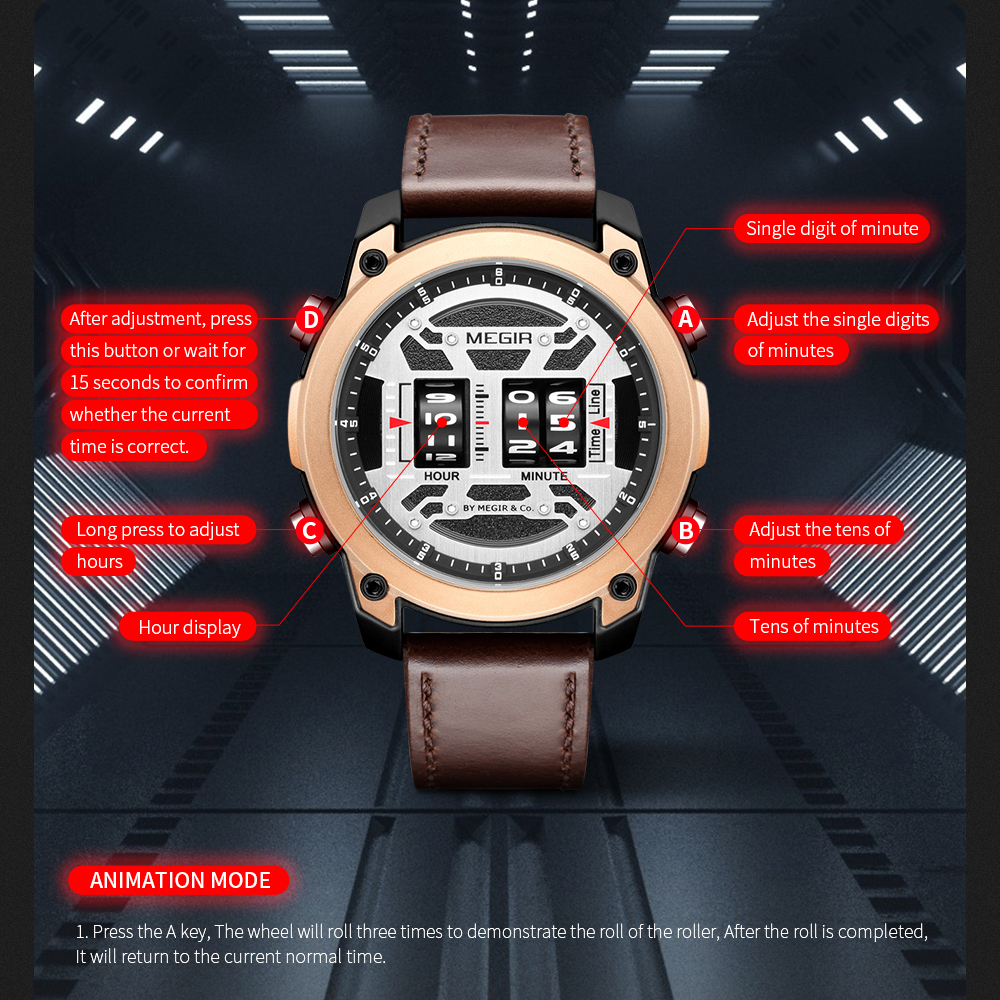 MEGIR Scroll Wheel Design Watches Men Leather Business Sports Watch Fashion Quartz Waterproof Roller Time Display relogio