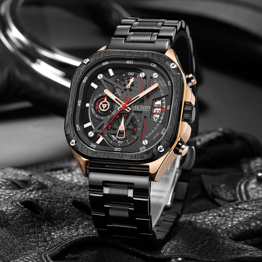 MEGIR Square Dial Chronograph Quartz Watches for Men Fashion Sports Male Wristwatch Stainless Steel Strap with Luminous Hands