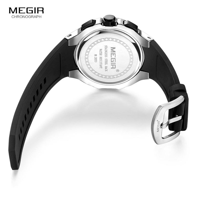 MEGIR Men's Sports Quartz Watches Fashion Silicone Strap Chronograph Wristwatch for Man Luminous Hands Waterproof 2053GBK