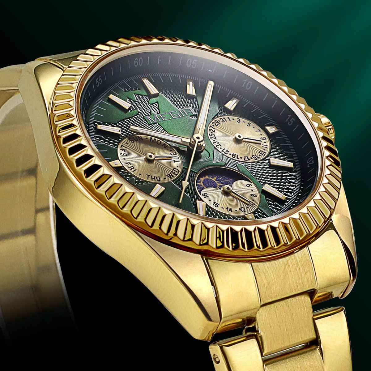 MEGIR Men's Quartz Watch with Stainless Steel Strap Fashion Business Style Wristwatch with Day Date 24-Hour Moon Phase Function