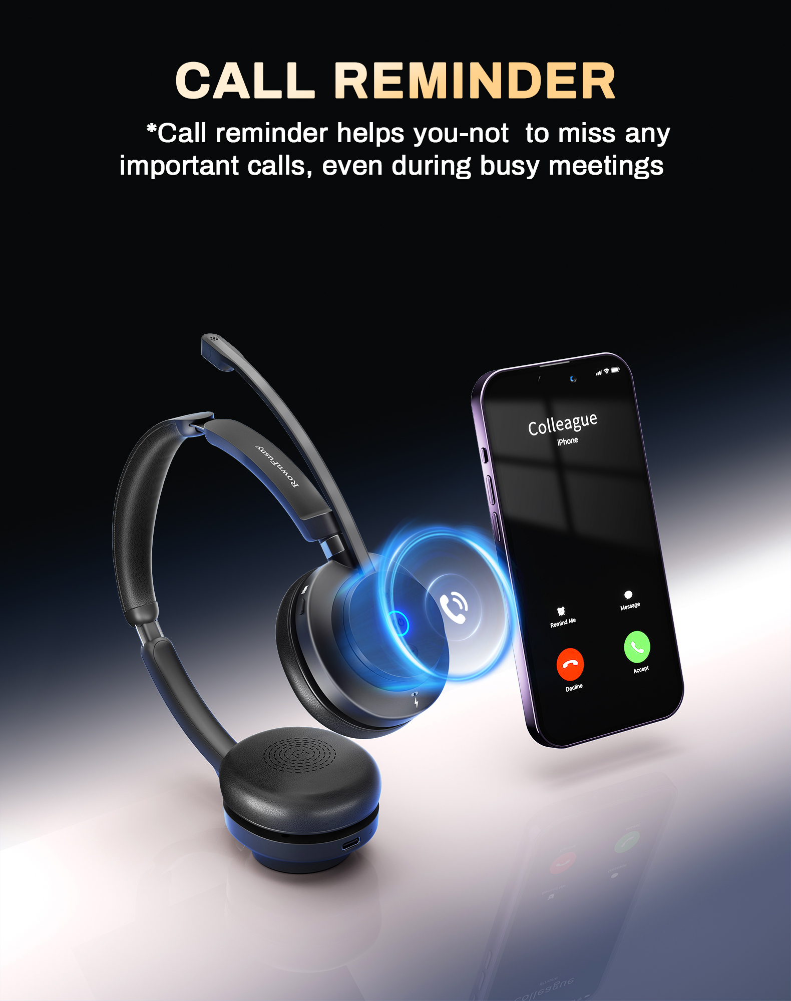 Rownfusny R02 Wireless Headset with Mic for Work USB Dongle Bluetooth Over Ear Headphones for Call Center Noise Cancelling