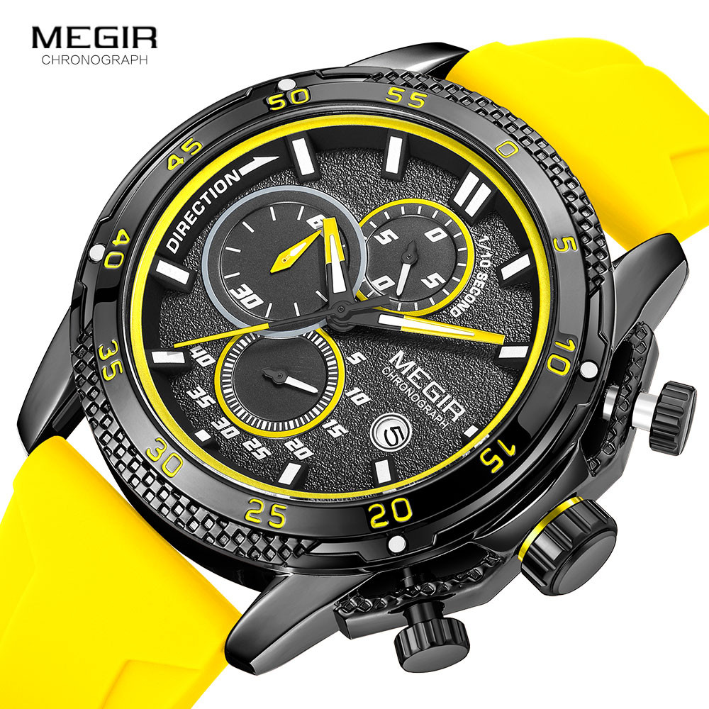 MEGIR Watch for Men Fashion Silicone Strap Chronograph Quartz Wristwatches with Auto Date Luminous Hands 3atm Waterproof 2211