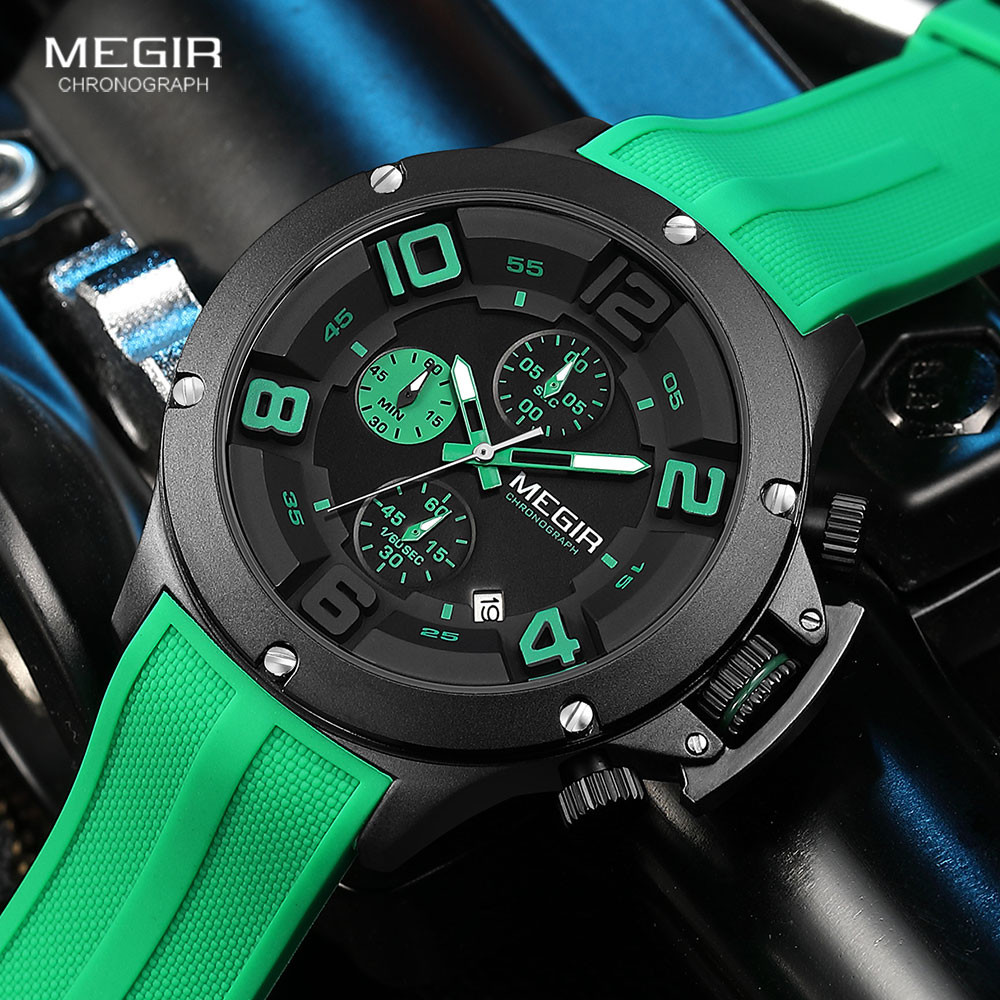 MEGIR Sport Big Quartz Watch Men Fashion Green Silicone Strap Waterproof Chronograph Wristwatch with Auto Date Luminous Hands