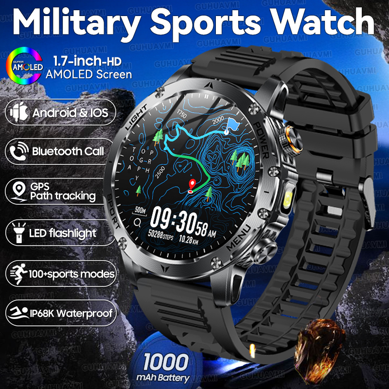2025 New T-Rex 3 Military Grade 1000mAh Battery Smart Watch 5ATM Waterproof HD AMOLED LED Flashlight Call Men Sports Smartwatch