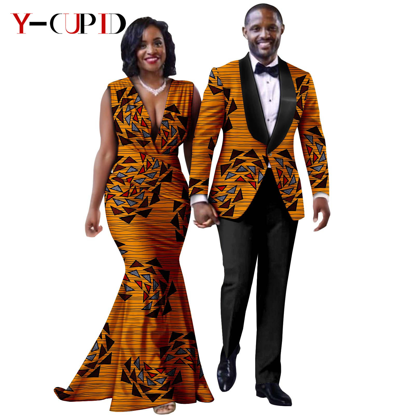 African Print Long Mermaid Dresses for Women Matching Couple Clothes Men Suits Top and Pant Sets Dashiki Party Wedding 25C005