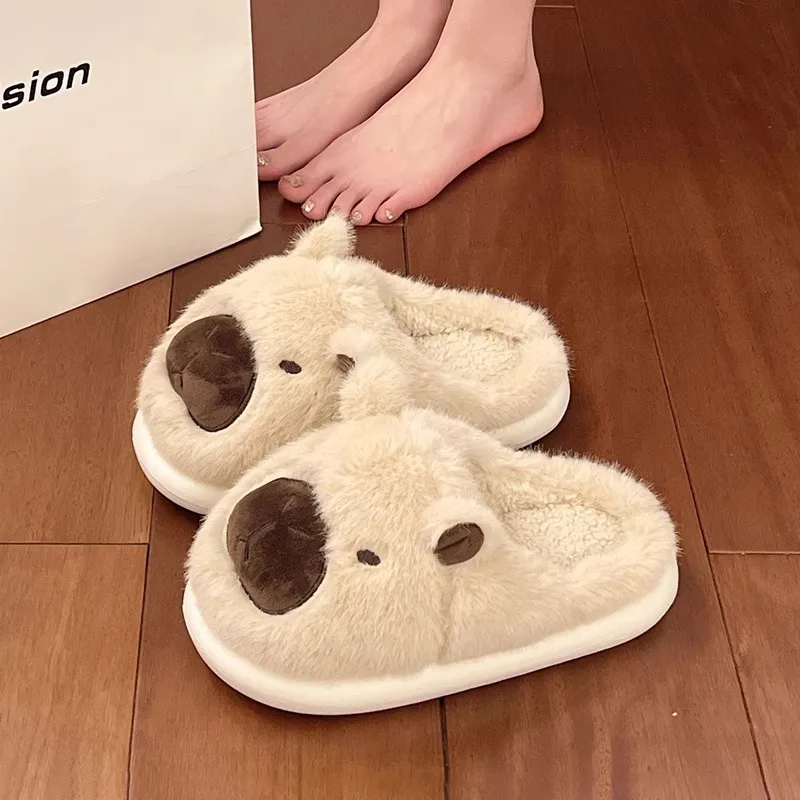 Capybara Slippers Women Winter One Word Cotton Cartoon Anime Cute Student Bedroom Suede Warm Fury Slippers Non Slip Flat Shoes
